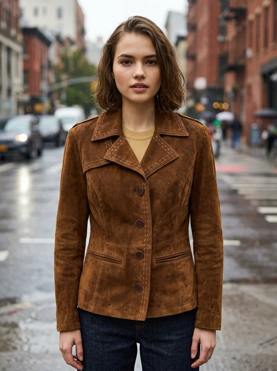 Women's Classic Suede Blazer with Contrast Stitching