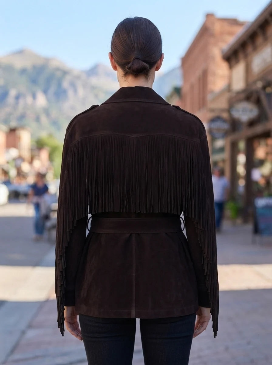 Women’s Dark Brown Fringe Suede Belted Jacket