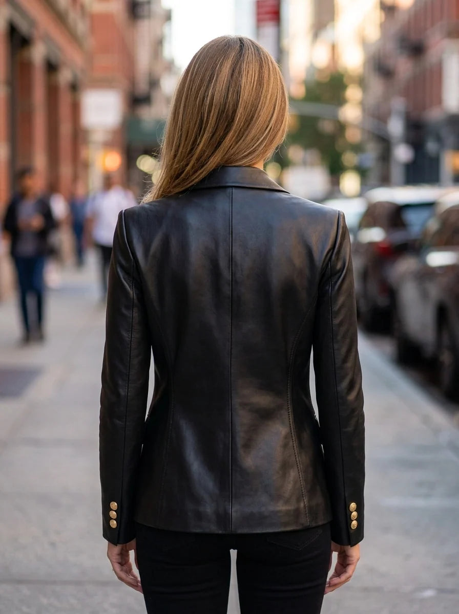 Women's Premium Black Leather Blazer