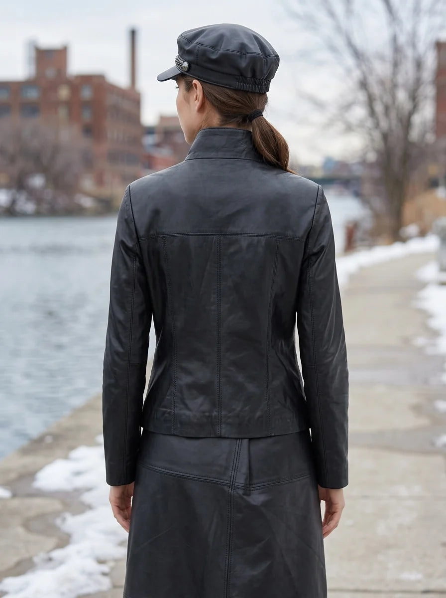 Zoe Black Biker Leather Jacket For Women