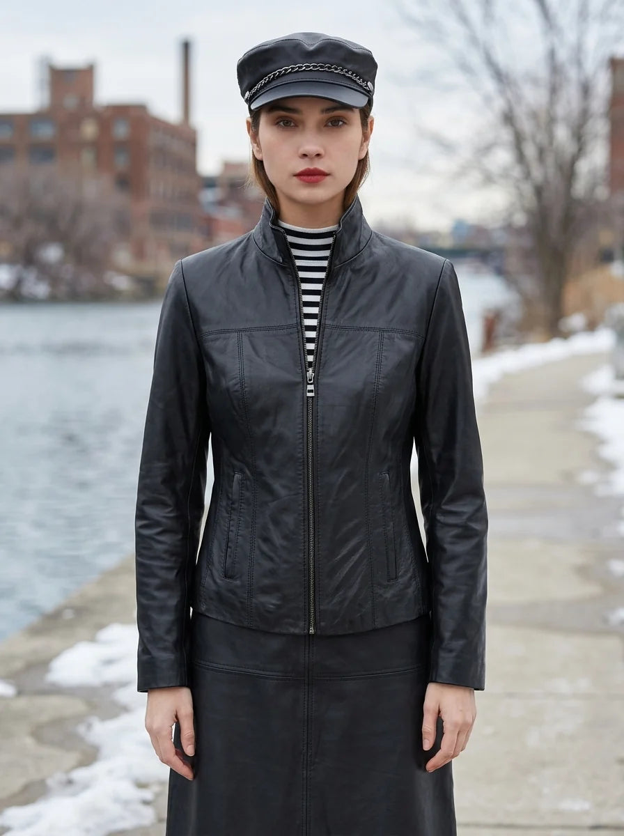Zoe Black Biker Leather Jacket For Women